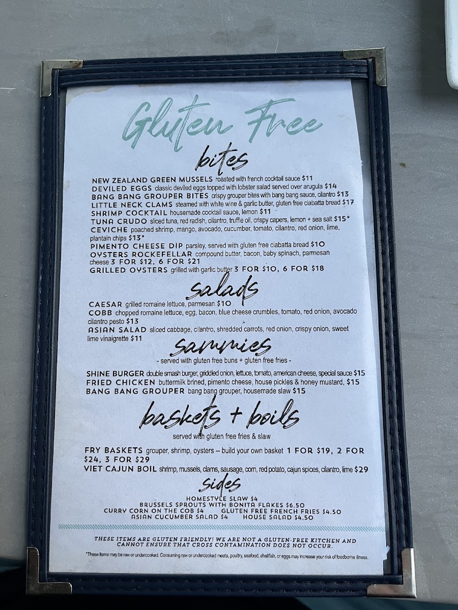 1229 Shine gluten-free menu