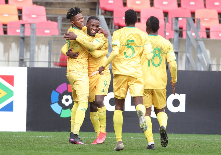 Victor Letsoalo celebrates goal with teammates during the 2021 COSAFA Cup match between South Africa and Lesotho at Nelson Mandela Bay Stadium, Port Elizabeth.