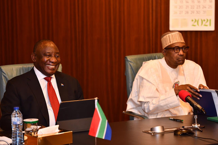 SA President Cyril Ramaphosa and Nigerian President Muhammadu Buhari during bilateral engagements on Wednesday.