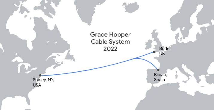 Mapa que muestra la extensión del sistema de cable Grace Hopper en 2022 desde Shirley, en EE. UU., hasta Bude, en el Reino Unido, y Bilbao, en España.