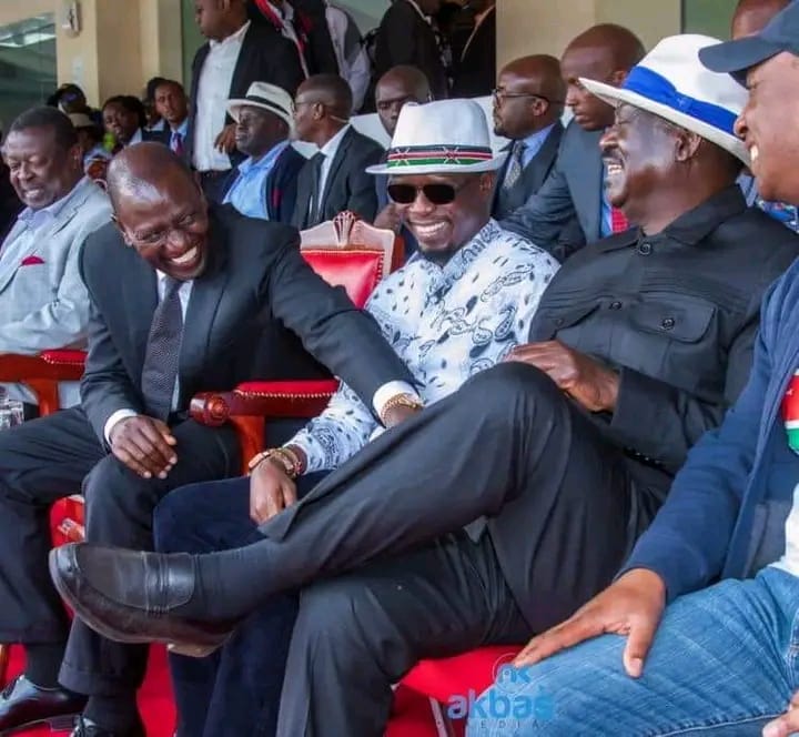 President William Ruto, Sports CS Ababu Namwamba and Azimio la Umoja Coalition leader Raila Odinga at Kasarani stadium for Kipkeino Classic on May 13, 2023