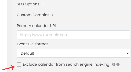 print screen of Timely dashboard SEO Options settings, pointing to the checkbox to confirm if calendar is searchable.