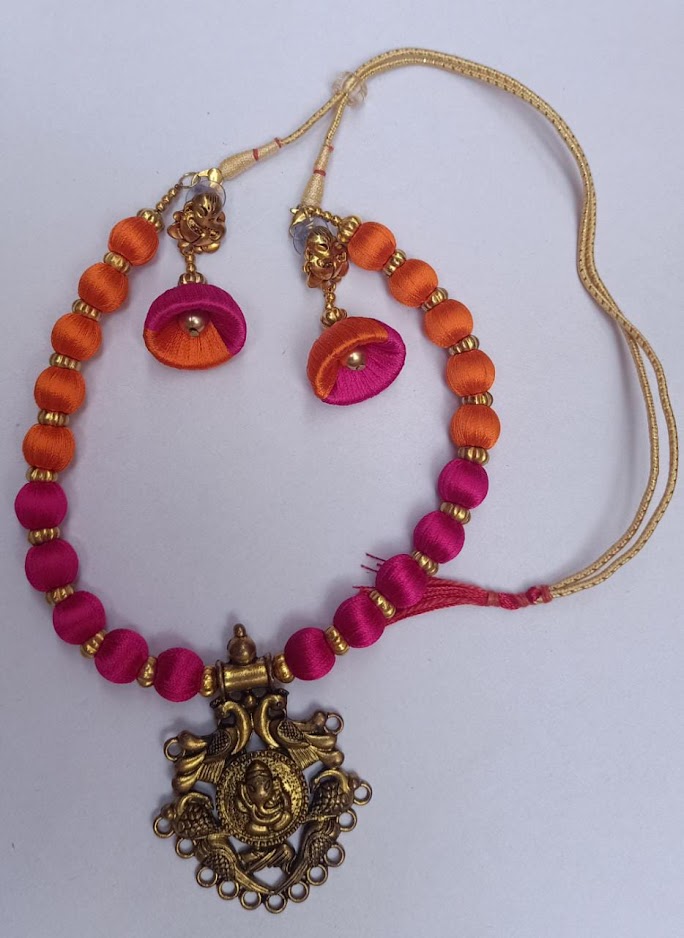 Orange with Pink Silk Thread Necklace with a pair of Earrings