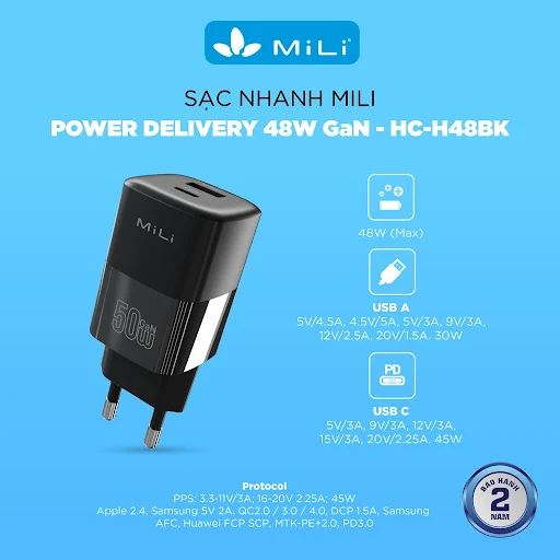 Sạc PD 50W GaN MiLi - HC-H48BK