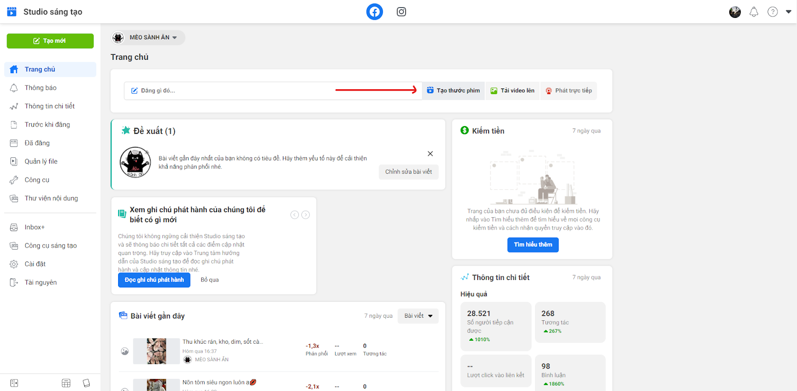 Vào Studio sáng tạo để đăng Reels Facebook