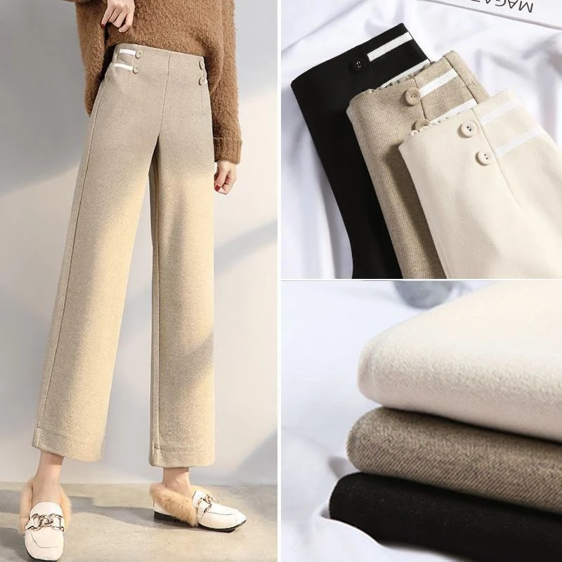 Dames wollen broek met losse pasvorm, hoge taille en rechte pijpen. Geniet van comfort en stijl met deze warme en flatterende broek.