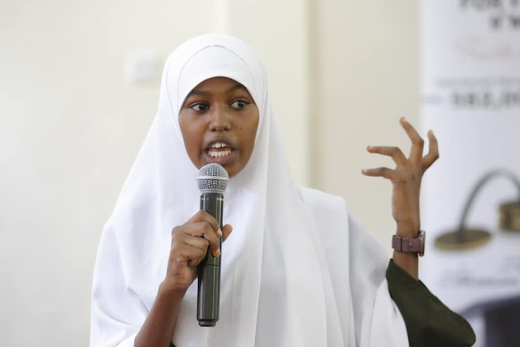 Amina Hassan, a student at Mandera Girls Secondary School,speaks during the launch of bursary fund on Wednesday, May 18.