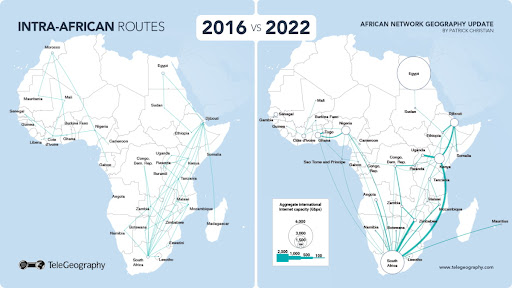 TeleGeography Intra-African Route Growth – 2016 vs 2022.