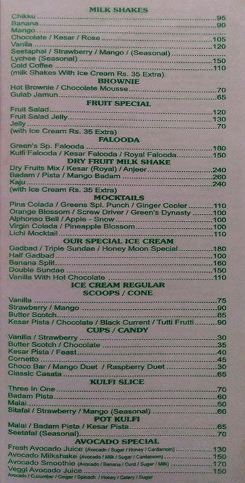 Greens Restaurant menu 