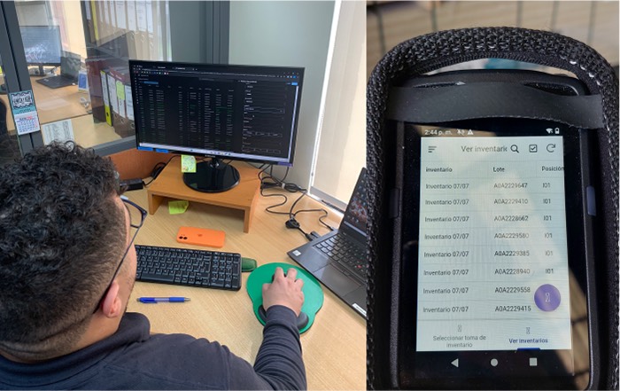 A Camanchaca employee using a computer app. Right: App screen on a mobile device.