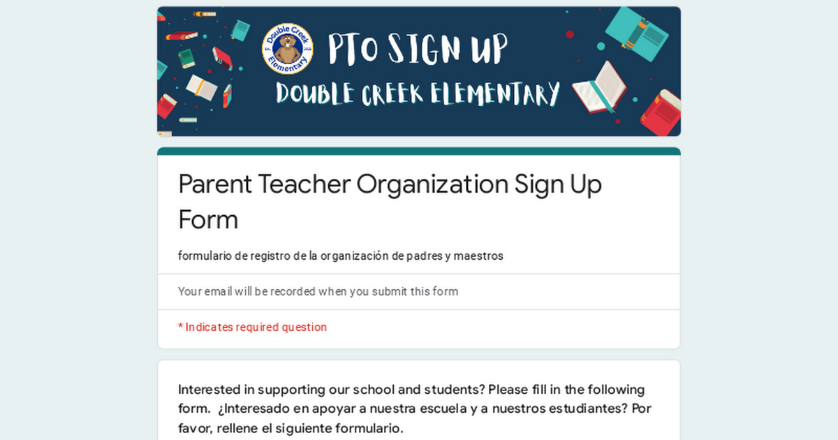 Parent Teacher Organization Sign Up Form