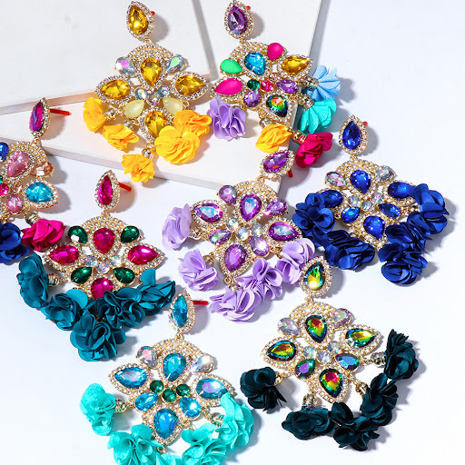 Title 5, Bohemia Color Diamond Flower Female Earrings, a...