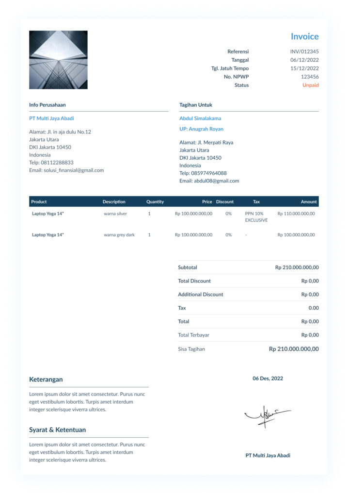 contoh template invoice penjualan