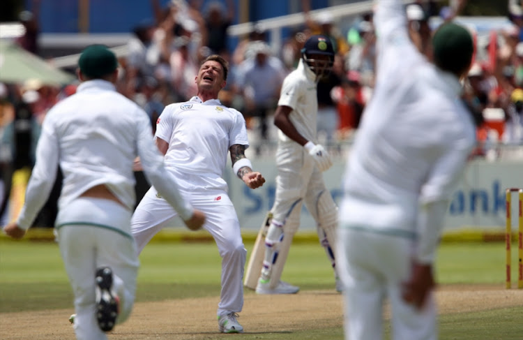 Dale Steyn celebrates during day 2 of the 1st Sunfoil Test match between South Africa and India at PPC Newlands on January 06, 2018 in Cape Town, South Africa. Steyn, who is making his comeback from 13 months out with a shoulder injury, needs three more wickets to surpass Shaun Pollock as South Africa’s most successful test bowler.