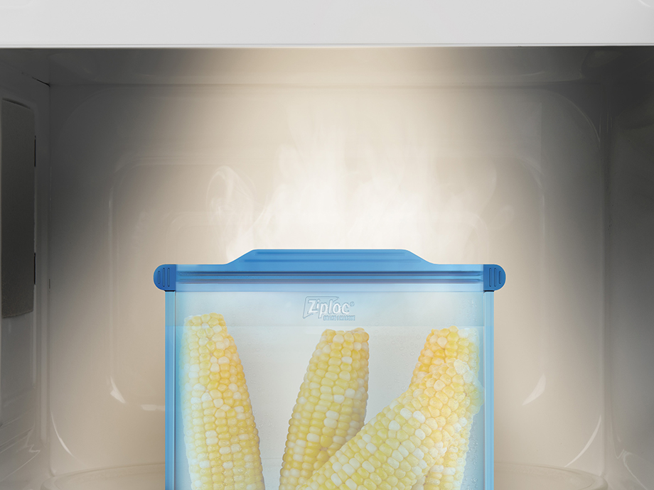 Corn inside a Ziploc Endurable bag heating in a microwave shot by Chicago food photographer Morgan Ione.