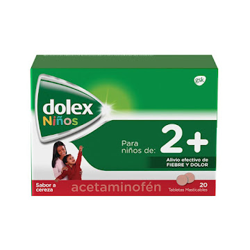 Dolex Niños 2+, Acetaminofen, Alivio de la Fiebre y el Dolor x 20 Tabs Masticables  