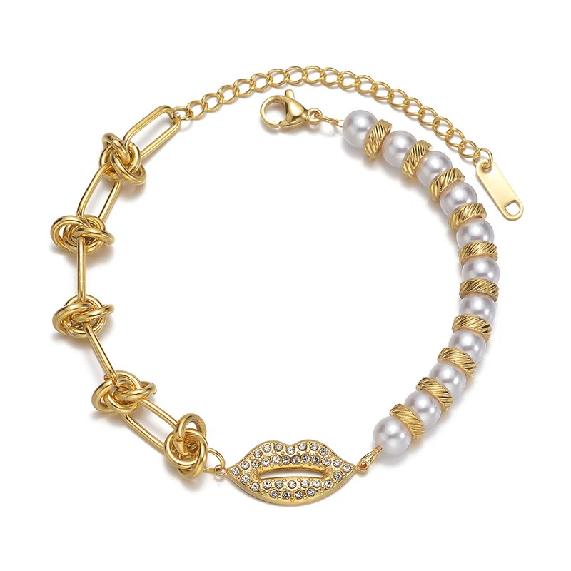 Nieuwe Lip Diamond Pearl Rugvormige Geknoopte Kettingarmband Roestvrij Staal. Een elegante en stijlvolle armband voor elke gelegenheid.