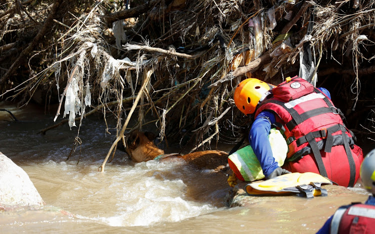 Warrant Officer Andre Smit and his tracking dog Zeus search for bodies after heavy rains caused flooding on the Mzinyathi River near Durban, South Africa, April 19, 2022.