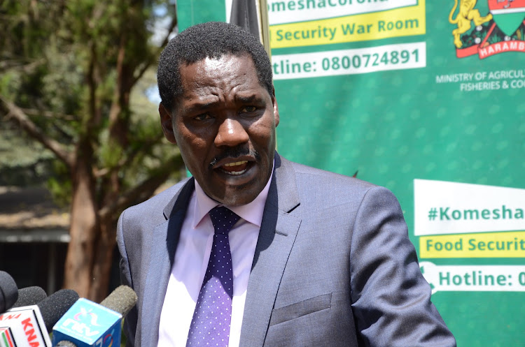 Agriculture CS Peter Munya addresses journalists on the progress of the reforms in the tea and sugar sectors at Kilimo House, Nairobi, on July 3, 2020