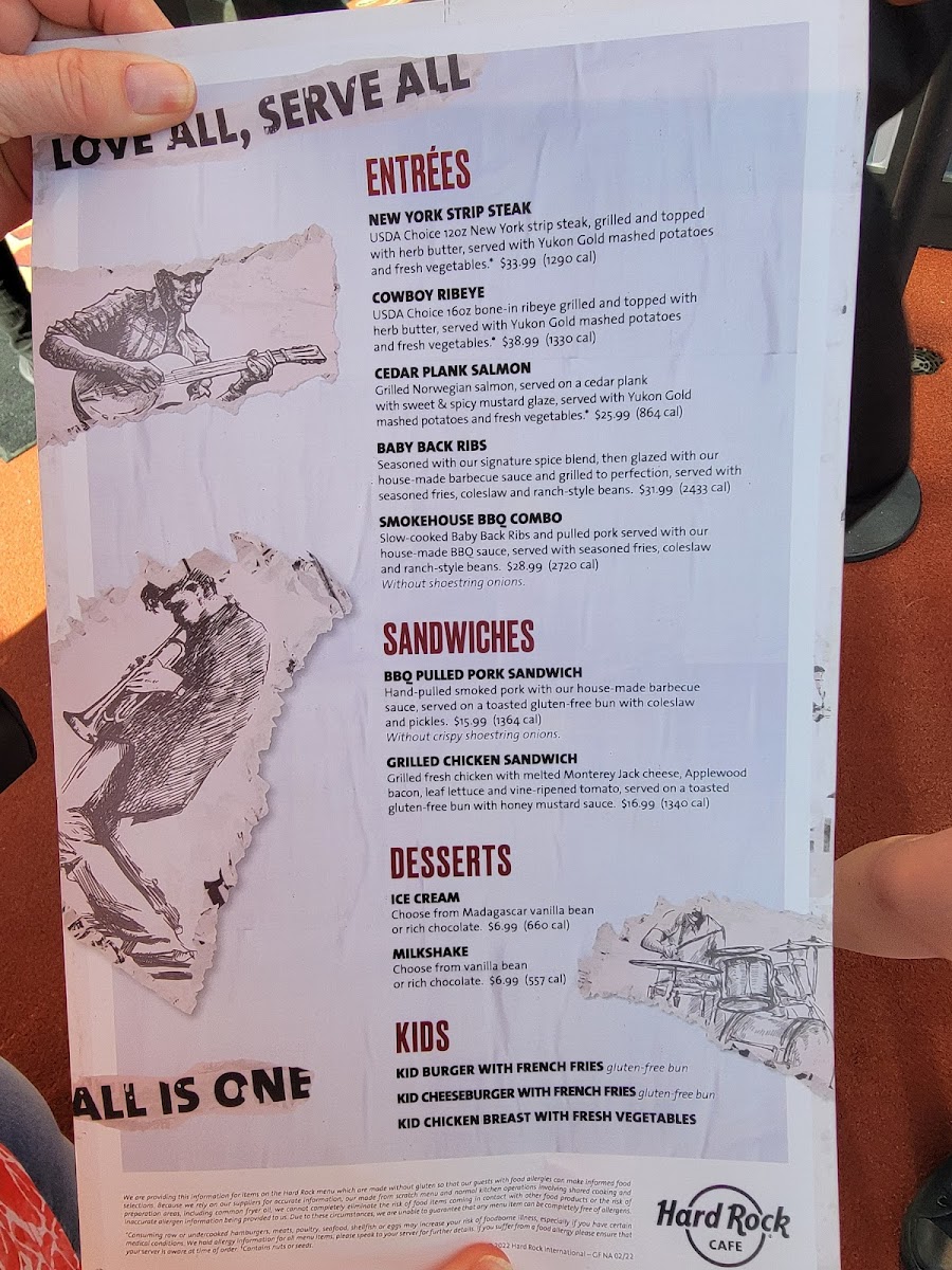 Hard Rock Cafe gluten-free menu