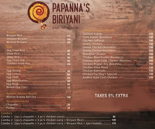 Papanna's Biriyani menu 