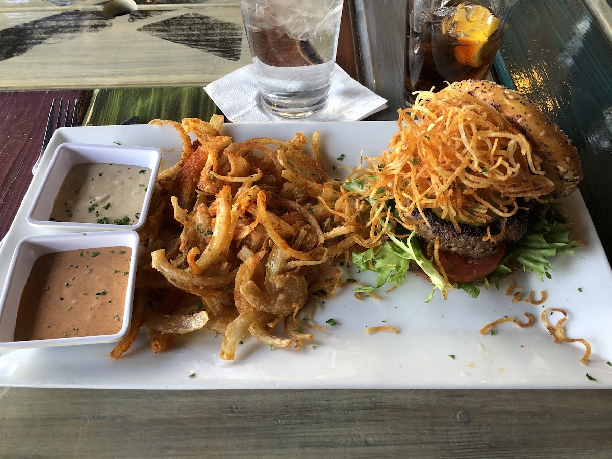 Gluten free burger and onion strings. Special gf batter and dedicated fryer. What a treat!