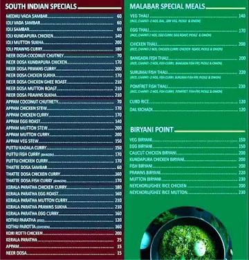 Malabar Treats menu 