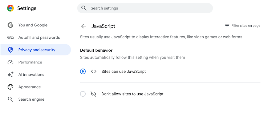 Example of turning on JavaScript in Google Chrome