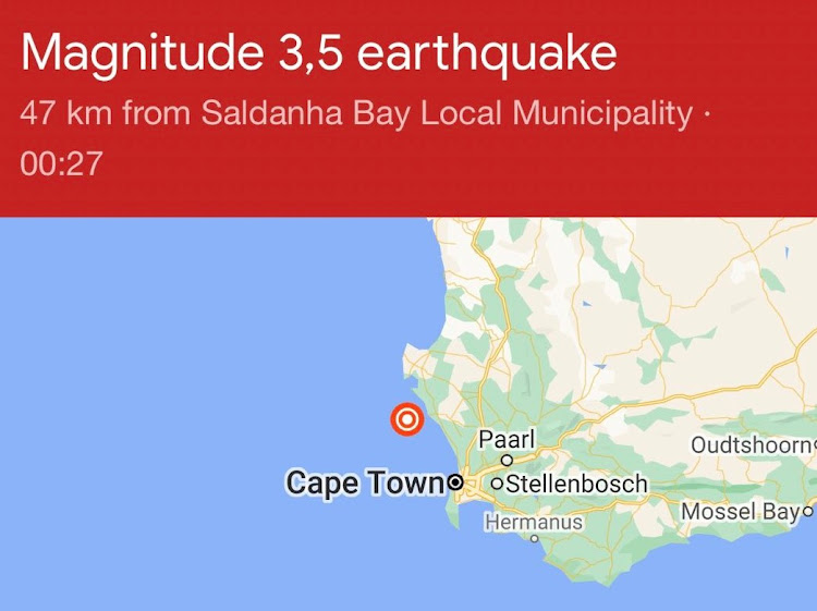 A 3.5 magnitude earthquake was recorded just off the coast of the Saldanha Bay local municipality in Cape Town on Tuesday morning