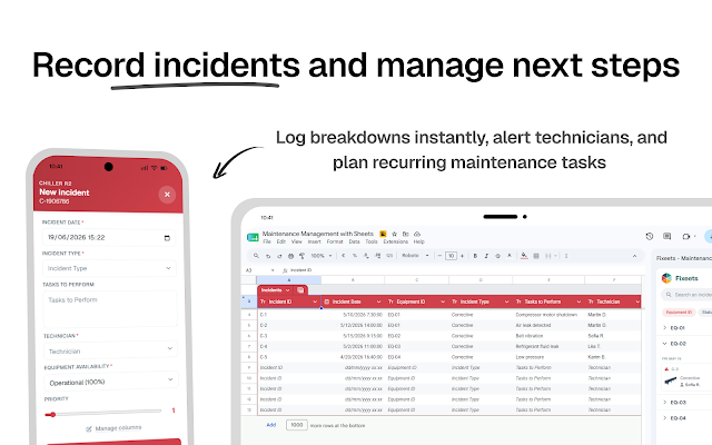 Maintenance Management with Sheets™ feature detail — ERP & logistics app on the Google Workspace Marketplace