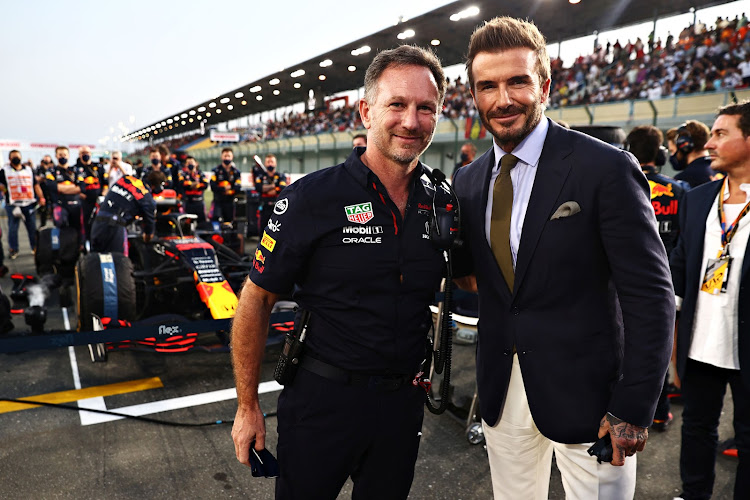 Red Bull Racing Team Principal Christian Horner and David Beckham before the F1 Grand Prix of Qatar at Losail International Circuit on November 21, 2021 in Doha, Qatar.