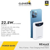 Pin Dự Phòng 20000Mah Remax Rpp - 68 Nhỏ Gọn Sạc Nhanh 22.5W Màn Hình Led Báo Pin Sạc 2 Thiết Bị Cùng Lúc Cho Ip13 Samsung