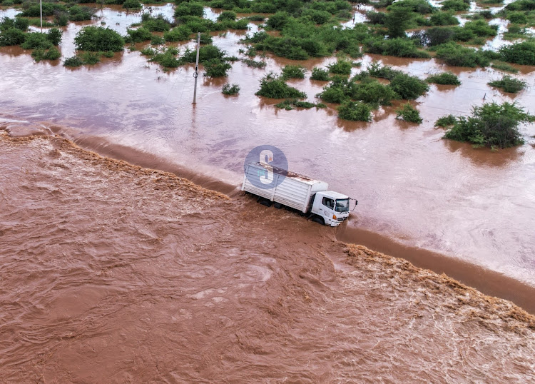 A section of Madogo-Garissa road is flooded after River Tana burst its banks, displacing hundreds of residents within the area on April 27, 2024.