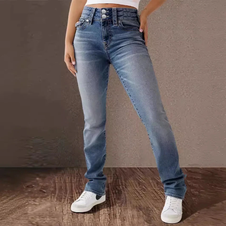 Nuovi jeans da donna primavera estate, vita alta elasticizzata e lavata, jeans casual, comfort e stile per un look impeccabile.