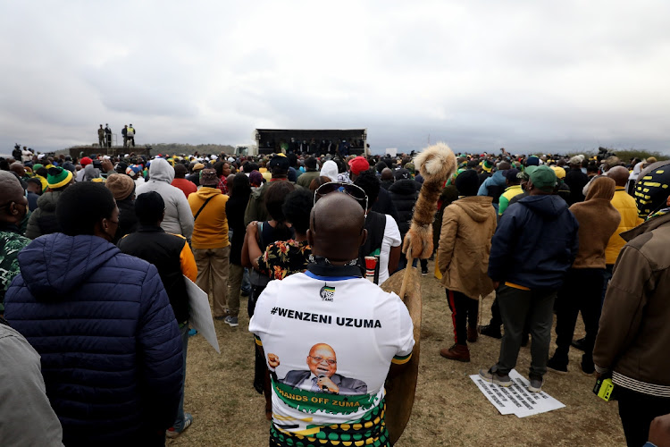 Former president Jacob Zuma addresses his supporters at Nkandla, KwaZulu-Natal. The former president said he will not hand himself over after he was sentenced to 15 months in jail for contempt of court.