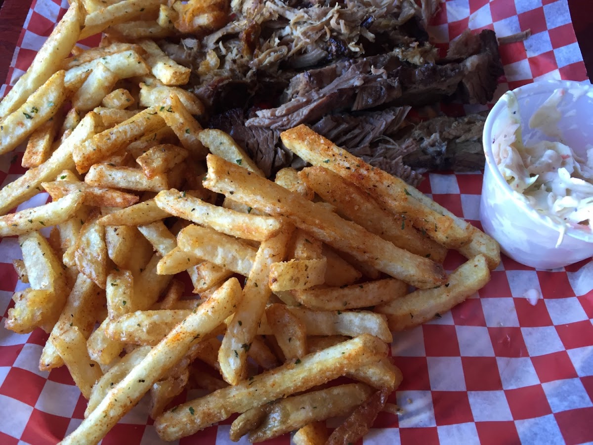 Pulled pork, brisket, fries and coleslaw