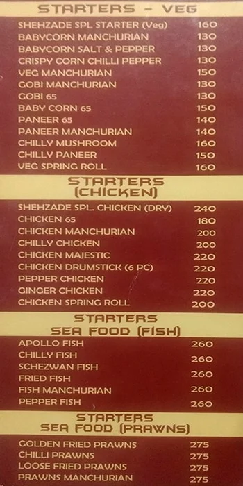 Shehzade Restaurant menu 