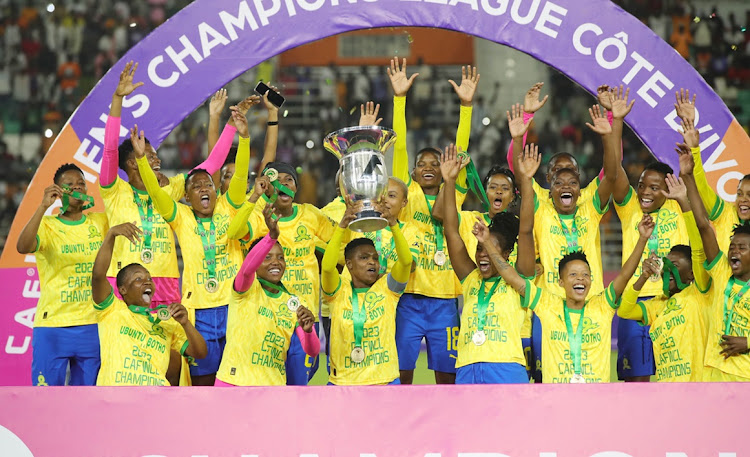 Mamelodi Sundowns Ladies lift the trophy after winning the Caf Women's Champions League final against Sporting Casablanca of Morocco at Stade Amadou Gon Coulibaly in Korhogo, Ivory Coast, on Sunday night.