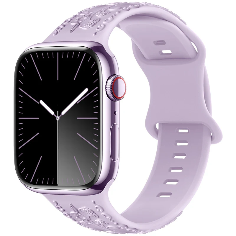 Pulseira de relógio com padrão em relevo de rosa tridimensional, em silicone de cor sólida. Conforto e elegância para seu pulso.
