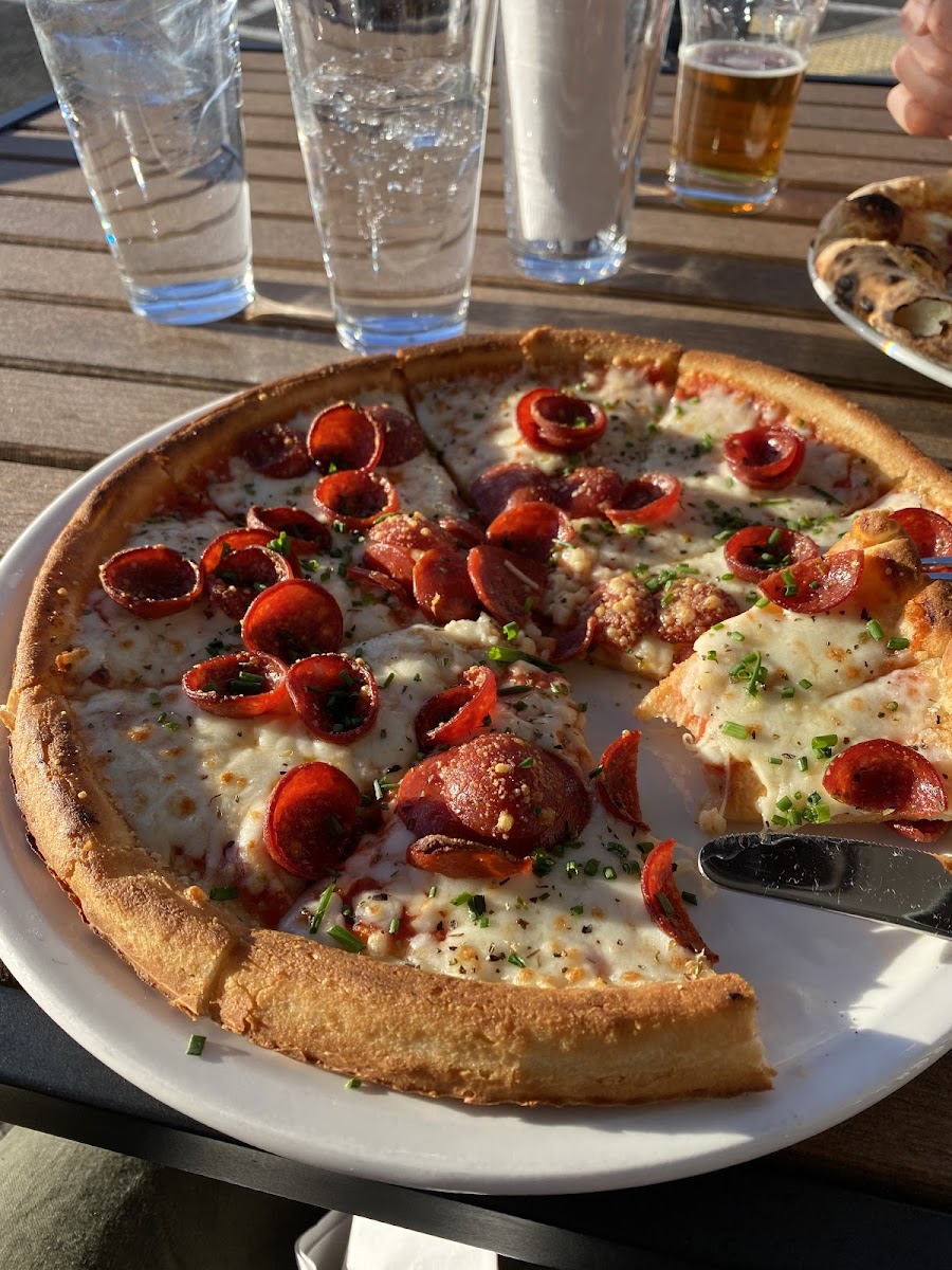 Best Gluten free crust I’ve had! Thick and chewy and filling.  I forgot it was GF!  Not at all like the store bought frisbees most restaurants serve