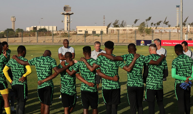 Stuart Baxter addresses players during the 2019 Africa Cup of Nations Finals South Africa training session at the Aero Sports Complex, Cairo, Egypt on 09 July 2019.