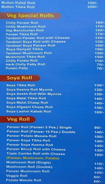 Kolkata Kathi Rolls menu 