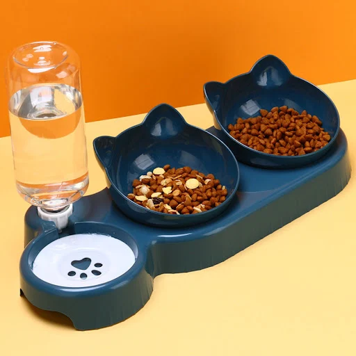 Triple Cat Bowls Pet Feeder, 2-in-1 Double Bowls with Automatic Drinking Bottle, Tilted and Rotatable Design for Cats an
