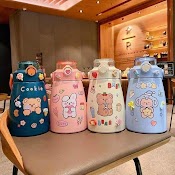 Bình Nước Giữ Nhiệt Cute Có Sticker Và Ống Hút Kiểu Dáng Dễ Thương - Bình Giữ Nhiệt Sticker 800Ml Cho Bé Inox 304 Xịn