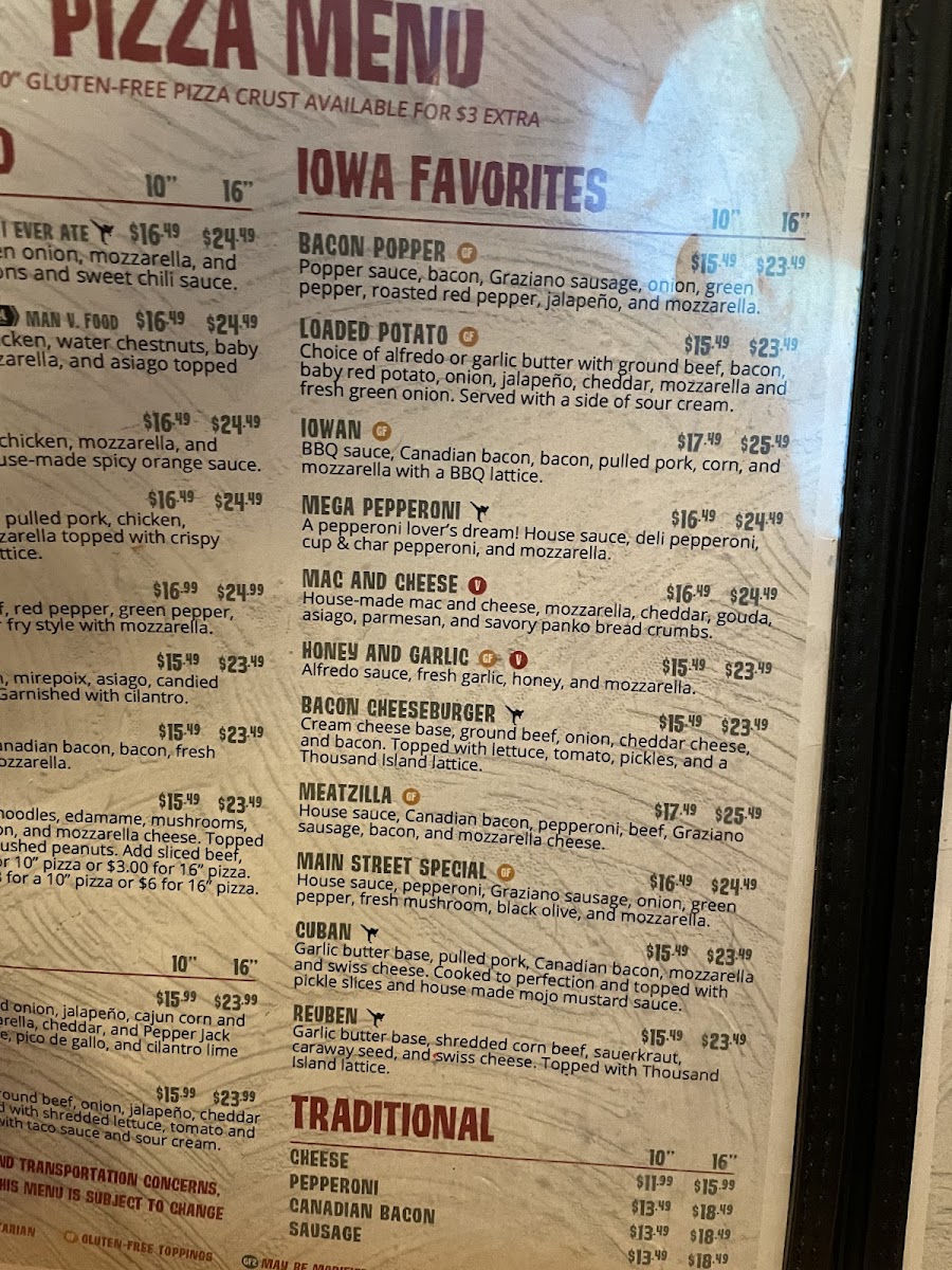 Fong's Pizza gluten-free menu