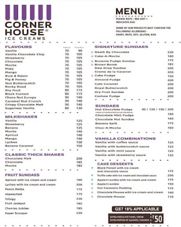 Corner House Ice Creams menu 