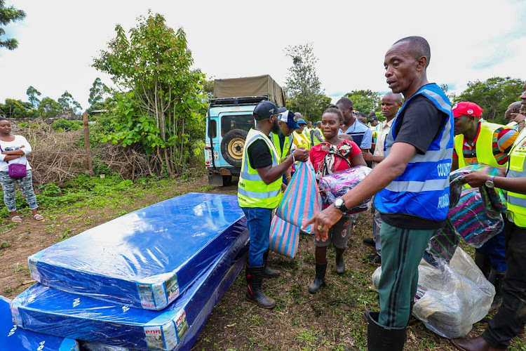 Kiambu Governor Kimani Wamatangi distributes food, mattresses, beddings and other items to residents on April 27, 2024