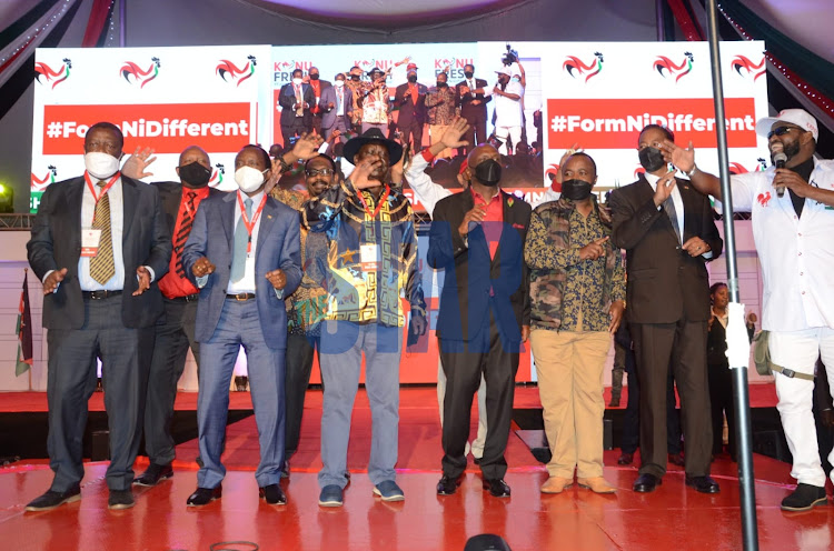 KANU chairman Gideon Moi joined by ODM party leader Raila Odinga, Kalonzo Musyoka (Wiper), Musalia Mudavadi (ANC) and Kiminini MP Chris Wamalwa during KANU national delegates conference meeting held at Bomas of Kenya, Nairobi on September 30, 2021.