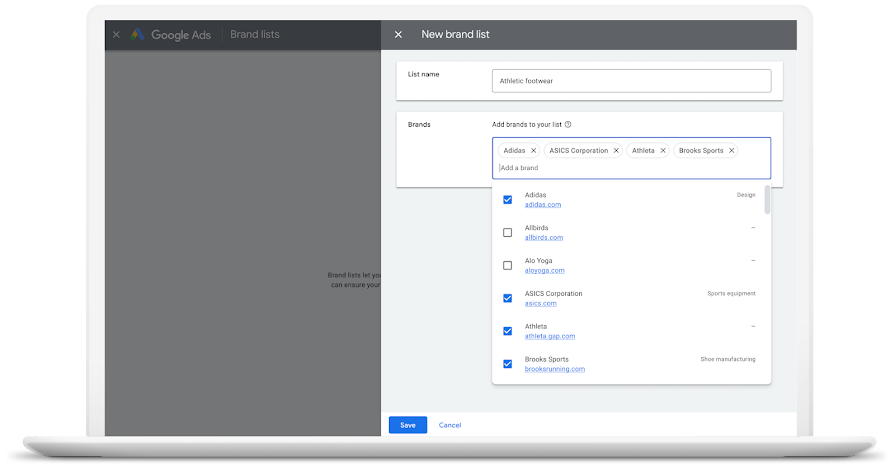 Screenshot of brand exclusions in the Google Ads UI