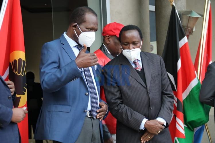 Jubilee secretary general Raphael Tuju and Wiper leader Kalonzo Musyoka at Jubilee HQ on June 17, 2020.